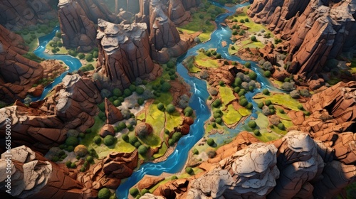 aerial view of a canyon with winding hiking trails and colorful rock formations generative ai