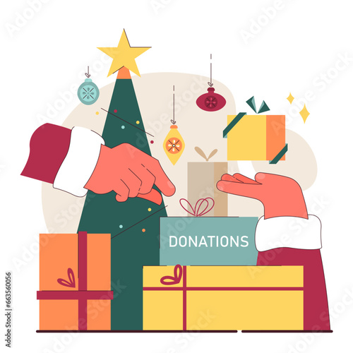 Christmas charity. Volunteers gathering holiday donations to help needy people