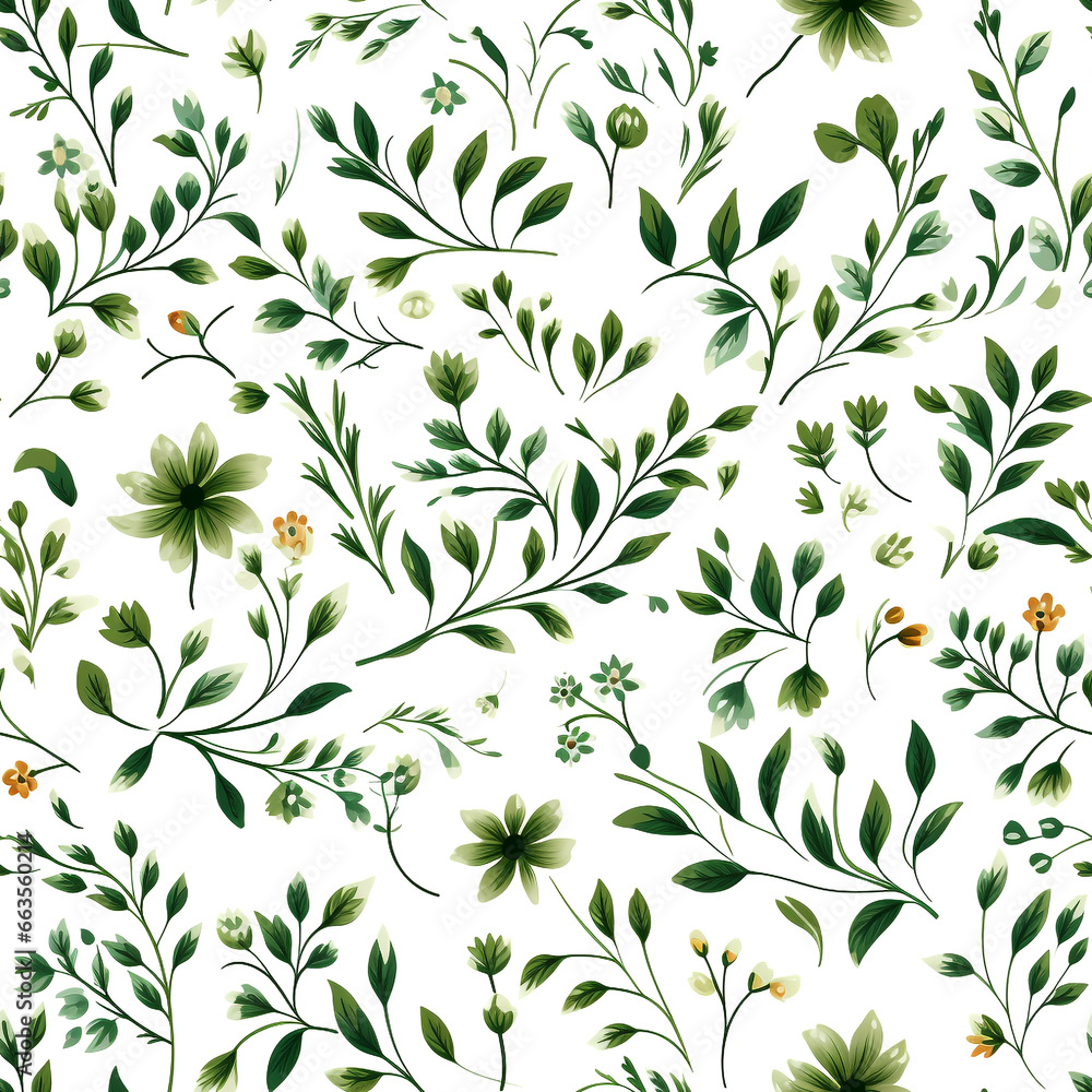 Seamless pattern green flowers and leaves swirling on a white background, water color