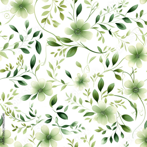 Seamless pattern green flowers and leaves swirling on a white background, water color © Sirichai Puangsuwan