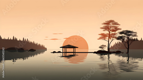 Sunset over the lake, A simple, high-contrast shot of a serene lakeside, Lakeside Minimalism in Tranquil Tones