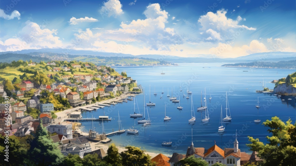 aerial perspective of a charming coastal town with a harbor and sailboats anchored along the shore generative ai
