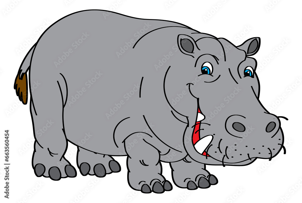 cartoon scene with hippo hippopotamus happy playing fun sketch drawing isolated illustration for children