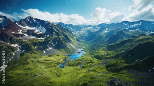 aerial view from a remote mountain peak with snow-capped peaks and a vast valley below generative ai