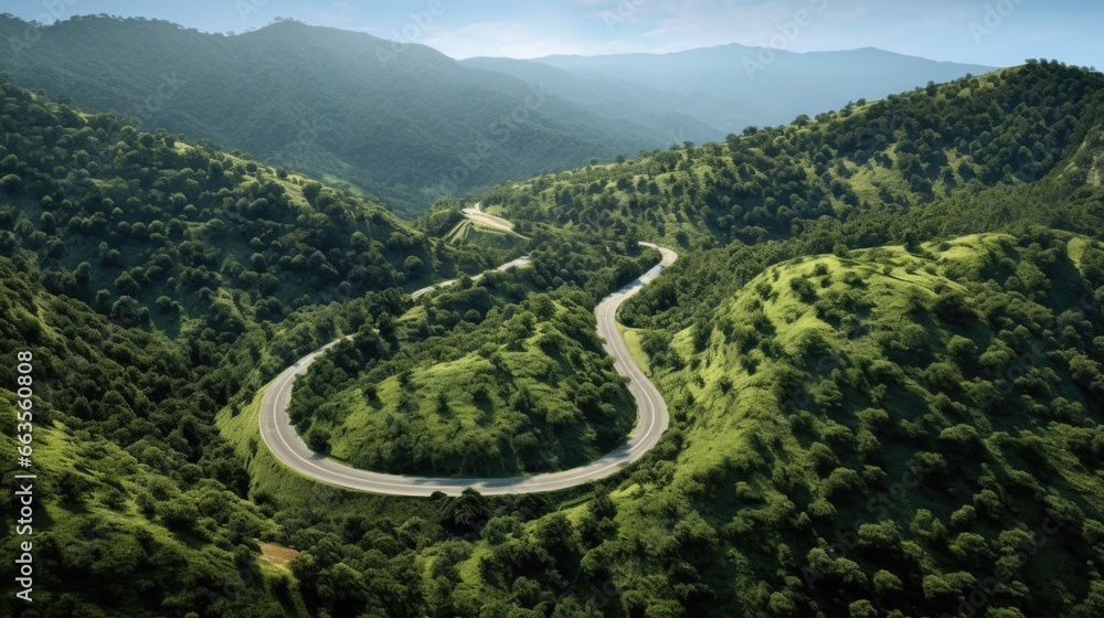 aerial perspective from a winding mountain road with lush vegetation on a sunny day generative ai aerial perspective from a winding mountain road with lush vegetation on a sunny day generative ai