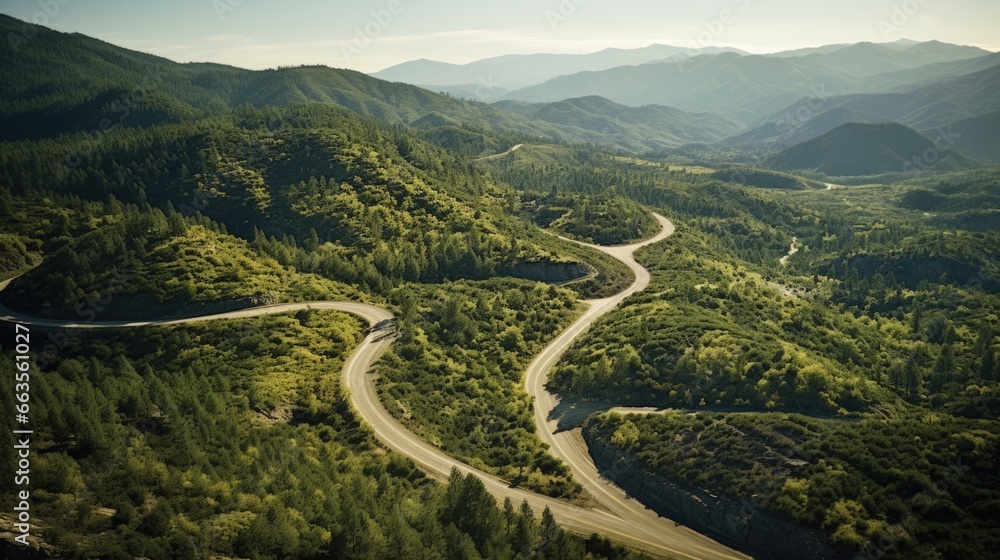 aerial perspective from a winding mountain road with lush vegetation on a sunny day generative ai aerial perspective from a winding mountain road with lush vegetation on a sunny day generative ai