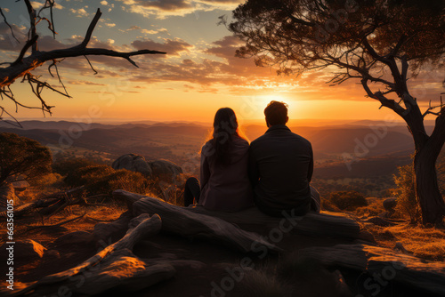 A couple sharing a tender moment as they watch the first sunrise of 2024 from a quiet hilltop  embracing the beauty of a new day. Generative Ai.