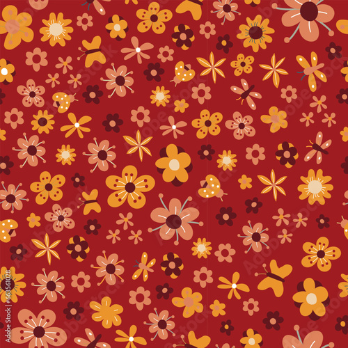 Seamless pattern of beautiful spring flowers on a dark background. Vector illustration.