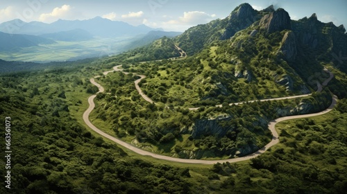 aerial perspective from a winding mountain road with lush vegetation on a sunny day generative ai