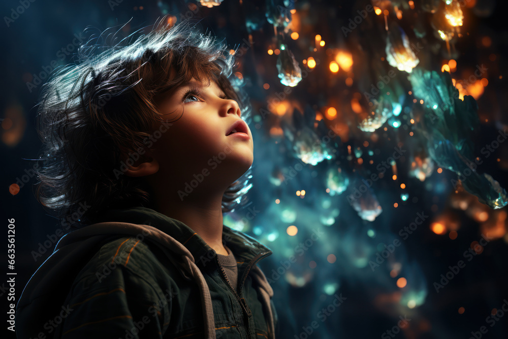 A child looking at the night sky with wonder and imagination, perceiving constellations and stories in the stars. Generative Ai. A child looking at the night sky with wonder and imagination, perceiving constellations and stories in the stars. Generative Ai.