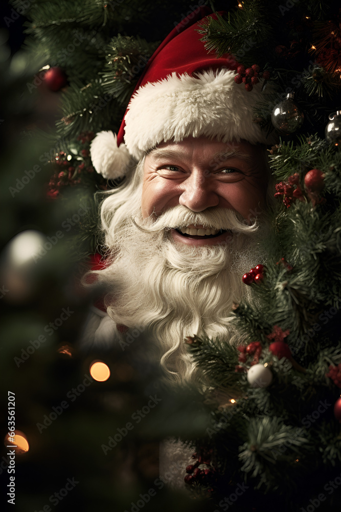 santa claus hiding behind Christmas tree, merry charismas santa claus hiding behind Christmas tree, merry charismas