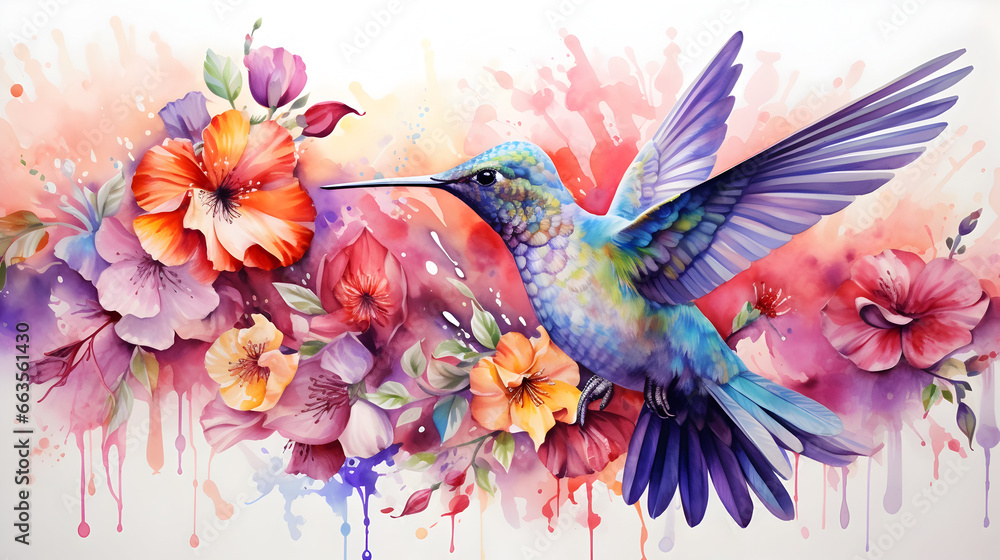 Hummingbird and flower, a delicate watercolor of a hummingbird in mid-flight, with iridescent feathers and a backdrop of vibrant flowers.