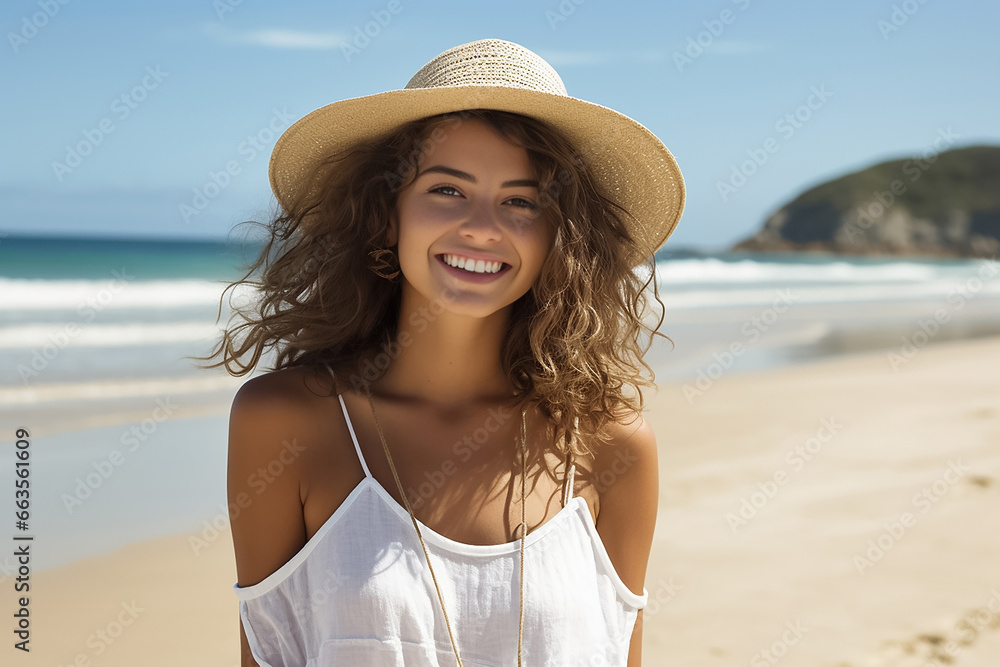 The portrait of a happy woman in a swimsuit and beach hat on the beautiful beach and clear day sky, Generative AI.
