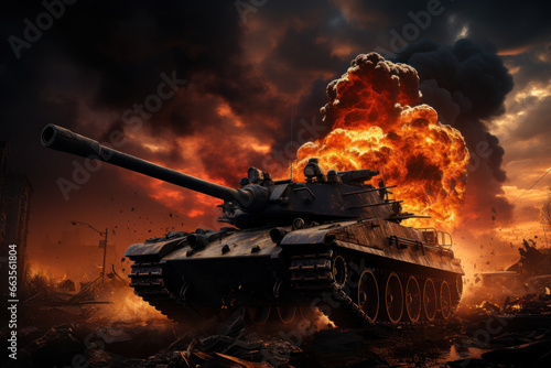 A silhouette of a tank against a fiery backdrop, showcasing military power. Concept of mechanized warfare. Generative Ai.