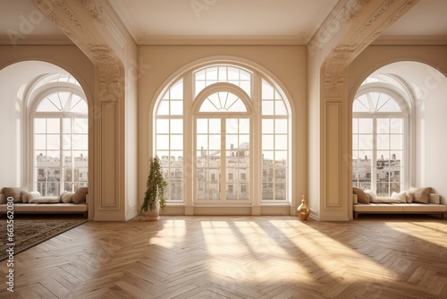 Beige arch window with empty interior in a living room. Generative AI © Farida