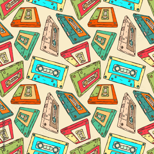 Retro audio cassette seamless pattern. 80s, 70s, 60s music sound tape, hand drawn vector colorful background