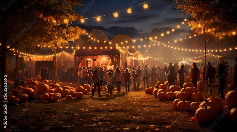 Evening harvest festival in the pumpkin field. Ai generative.