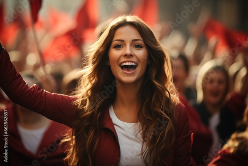 Beautiful woman among the crowds during the march. Ai generative © dreamer82