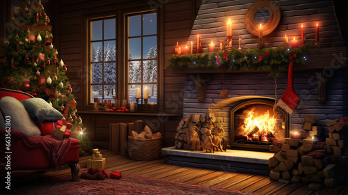 A cozy, traditionally decorated room for Christmas. Ai generative