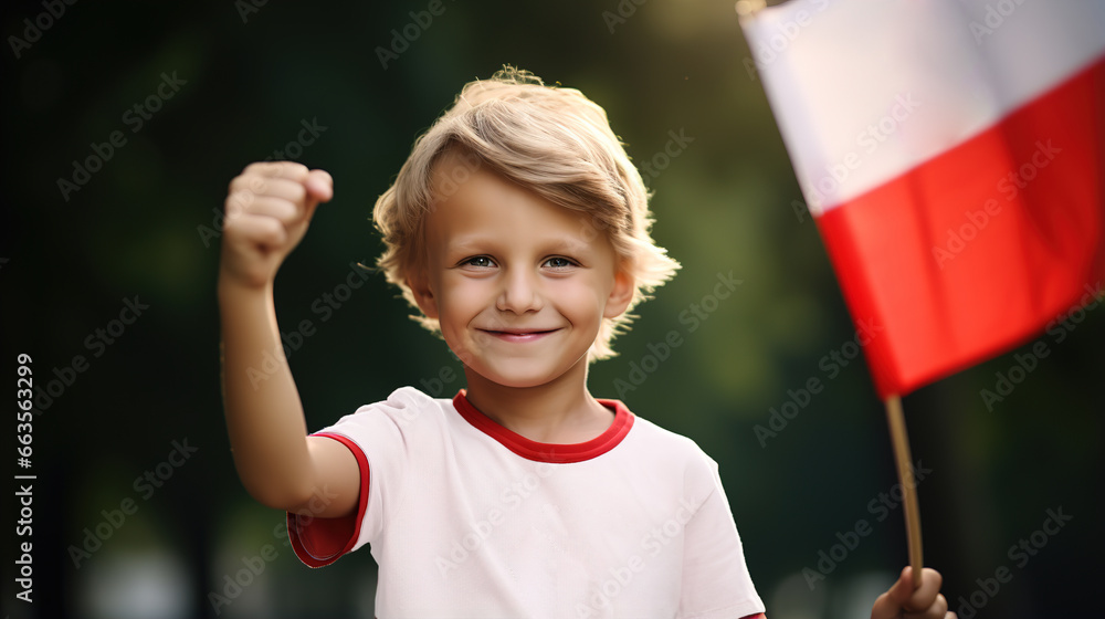A child showing red and white colors. Colors of Poland Independence Day. Ai generative - obrazy, fototapety, plakaty 