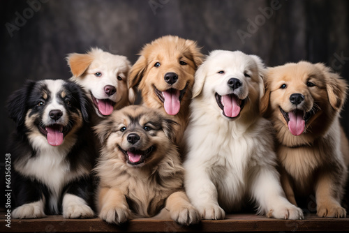 Little cute puppies lined up in a row. Ai generative photo