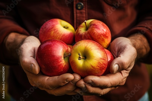 Freshly picked apples, held in the hands of an orchardist. Ai generative