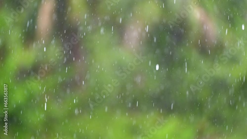 Close-up of rain drops falling down on blurred background. Rainy weather in wet season photo