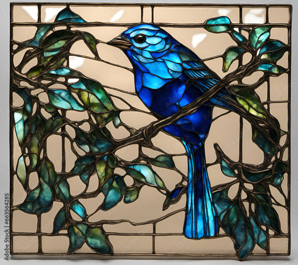 Indigo Bunting bird, abstract painting in stained glass style Indigo Bunting bird, abstract painting in stained glass style