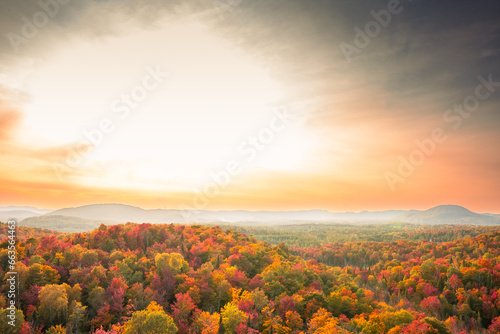 Aerial view of winding river in Laurentian mountains, Quebec, Canada during the fall