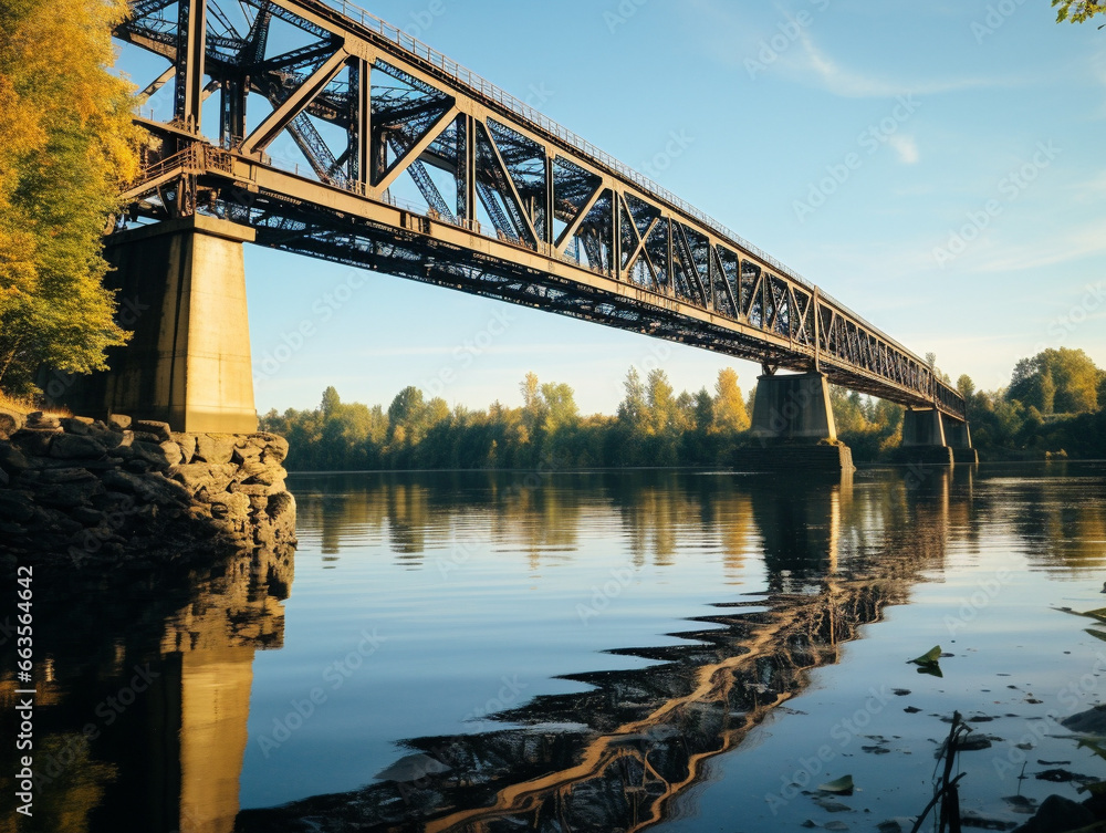 An abandoned railway bridge stands solemnly, stretching across a tranquil river in perfect symmetry.
