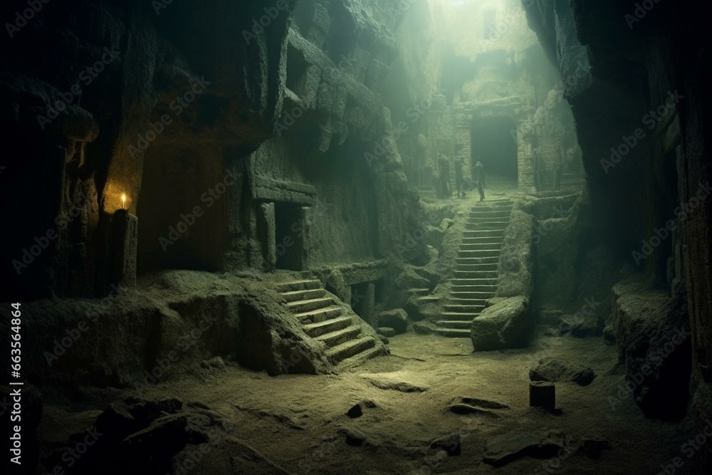 Ancient underground chamber with eerie atmosphere. Generative AI