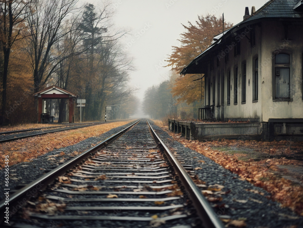 Desolate and forgotten train station located in a quiet rural area, lacking any signs of life. Desolate and forgotten train station located in a quiet rural area, lacking any signs of life.