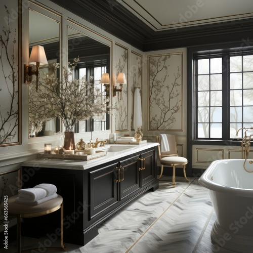 Stylish residential bathroom with beautiful cabinetry and fixtures and floral wall treatment