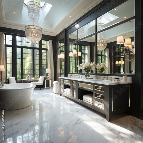 Stylish residential bathroom with beautiful cabinetry and fixtures