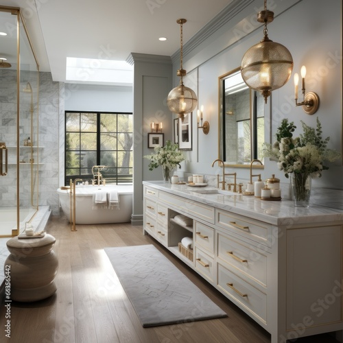 Stylish residential bathroom with beautiful cabinetry and fixtures