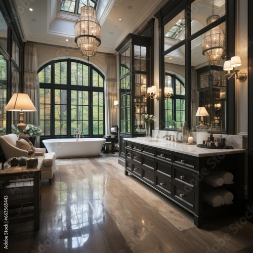 Stylish residential bathroom with beautiful cabinetry and fixtures