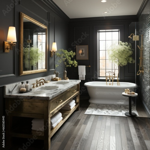 Stylish residential bathroom with beautiful cabinetry and fixtures