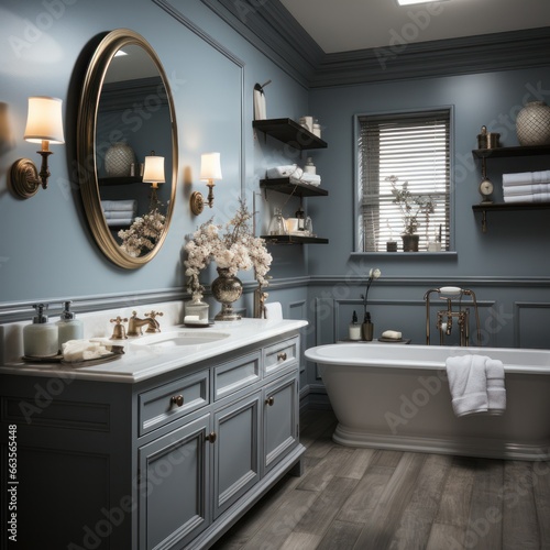 Stylish residential bathroom with beautiful cabinetry and fixtures