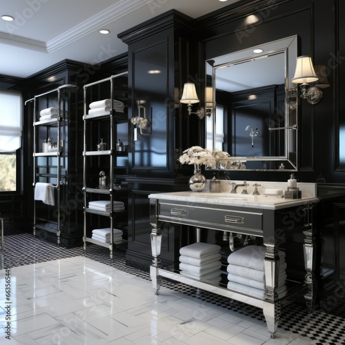 Stylish residential bathroom with beautiful cabinetry and fixtures