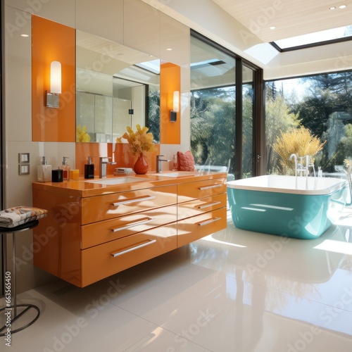 Contemporary, stylish residential bathroom with beautiful cabinetry and fixtures in orange and teal tones
