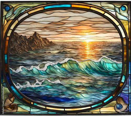 Bright colored seascape, abstract painting in stained glass style