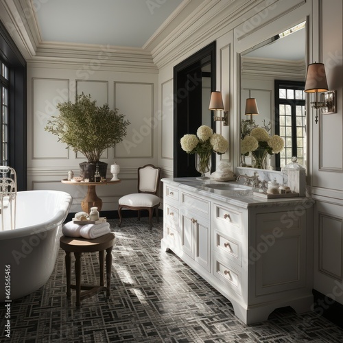 Stylish residential bathroom with beautiful cabinetry and fixtures