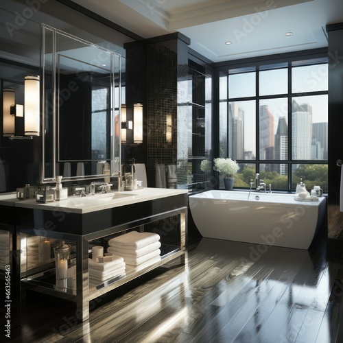 Stylish residential bathroom with beautiful cabinetry and fixtures