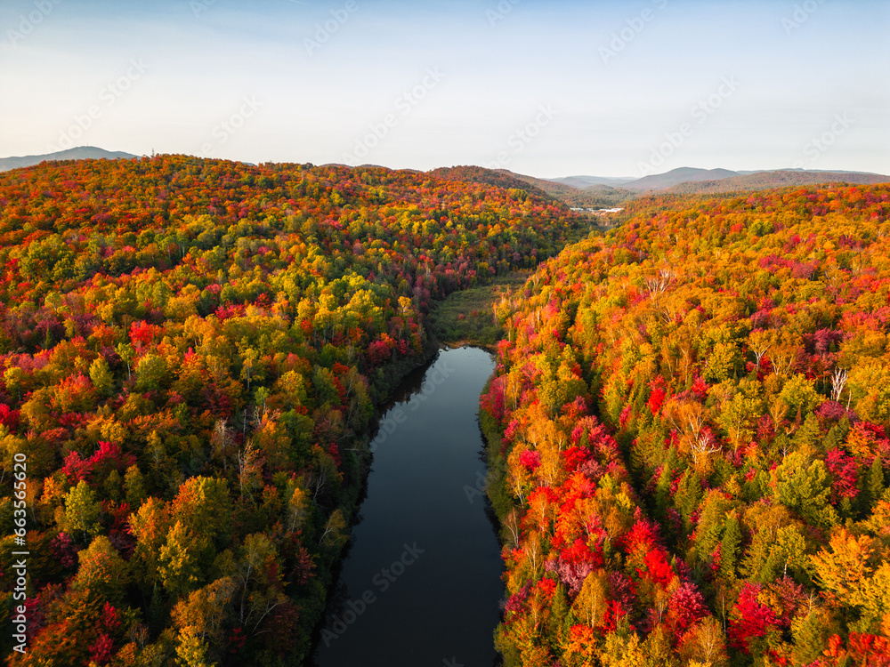 Fototapeta premium Aerial view of winding river in Laurentian mountains, Quebec, Canada during the fall foliage