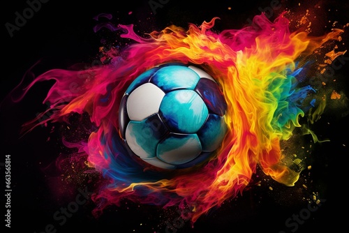 A vibrant explosion of rainbow colors from a soccer ball on a dark background  representing LGBTQ inclusion in sports. Generative AI