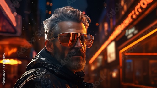Man with glasses in a neon lit cityscape. Made with Generative AI