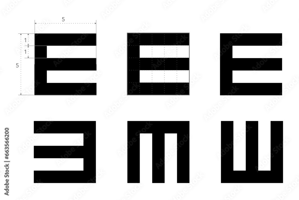 E chart Eye Test Chart scheme tumbling medical illustration. Line vector sketch style outline isolated on white background. Vision test board optometrist visual examination Checking optical glasses E chart Eye Test Chart scheme tumbling medical illustration. Line vector sketch style outline isolated on white background. Vision test board optometrist visual examination Checking optical glasses