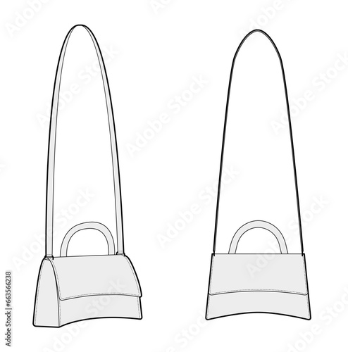 Hourglass Small Cross-Body Tote Bag silhouette. Fashion accessory technical illustration. Vector satchel front 3-4 view for Men, women, unisex style, flat handbag CAD mockup sketch outline isolated