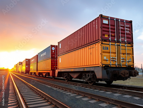 A captivating image of freight trains packed with containers, showcasing organized transportation and global trade.