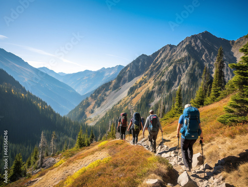 A group of hikers and backpackers are showcased on a long-distance trail, enjoying the outdoors. © Szalai